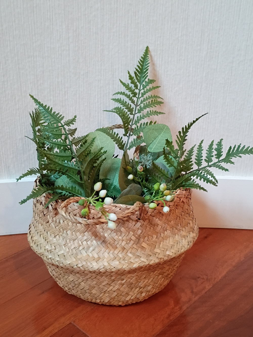 Boho Seagrass Belly Basket with Faux Greenery Fern Arrangement Centerpiece